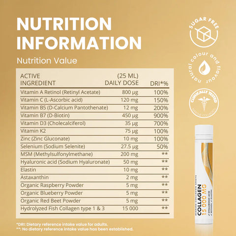 Swedish Nutra - Marine Collagen 15 000 mg skystas jūrinis kolagenas šotais (10 dienų kursas)